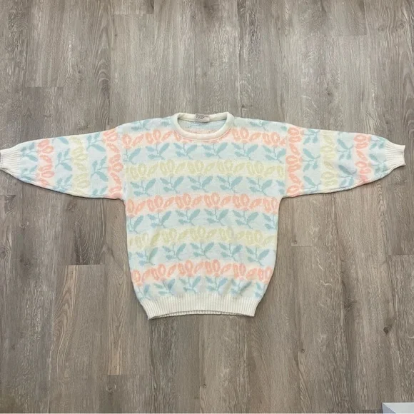 VINTAGE 1980s Justin Allen Spring Cottagecore Pastel Sweater - Size M - Picture 3 of 13
